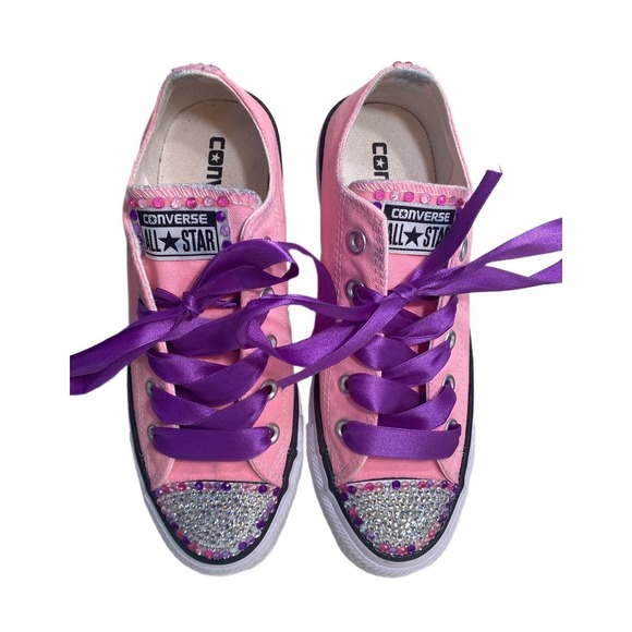 Converse All Star low-top Pink Purple Customized Rhinestone Bling sneakers Sz 6 - Picture 2 of 6